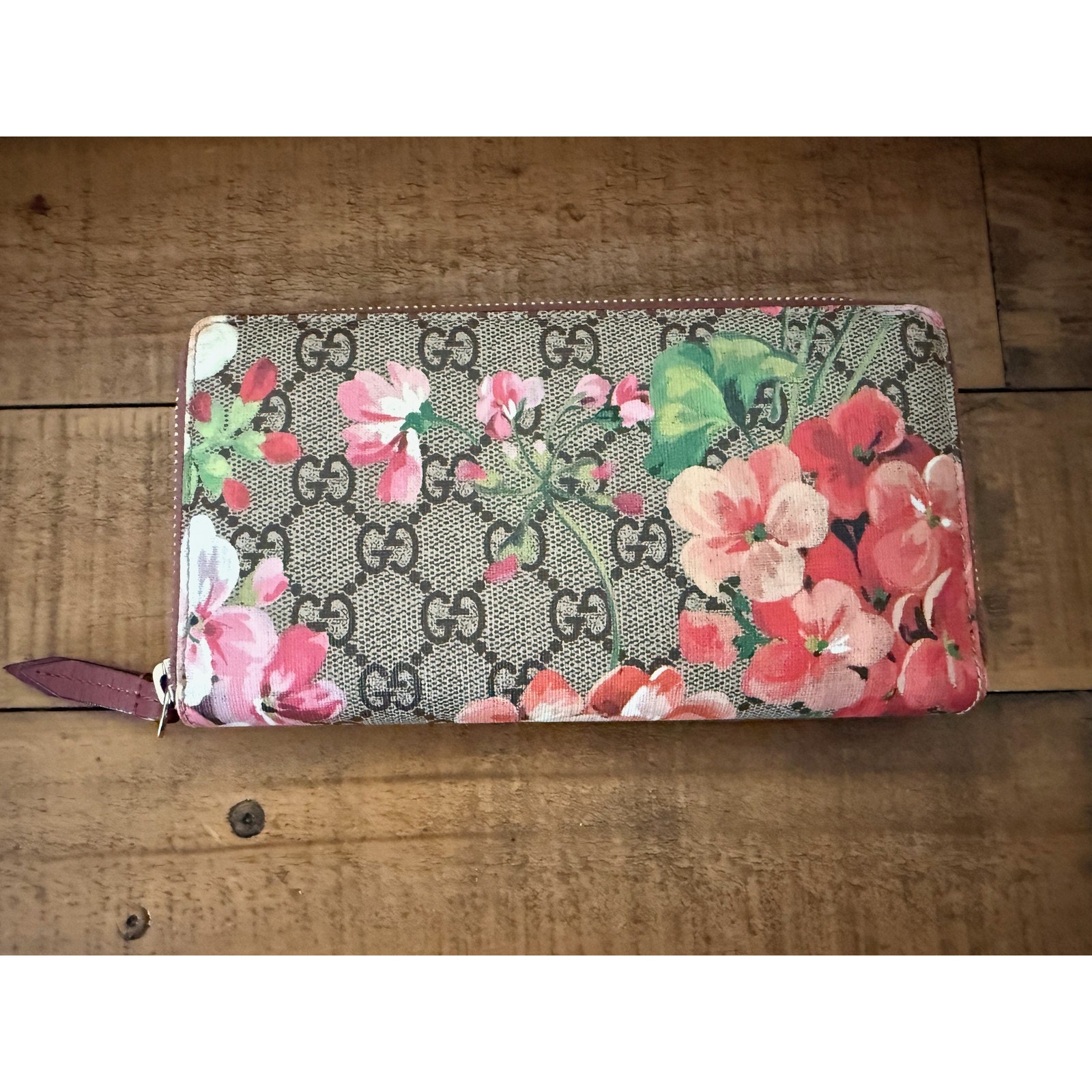 Gucci Wallet Womens Gg Blooms Floral Canvas Pink Zip Around Continental